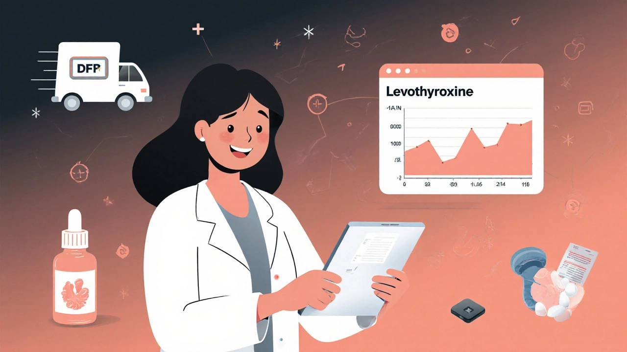 Patient having a telehealth consultation for levothyroxine with a doctor and medication delivery in background.