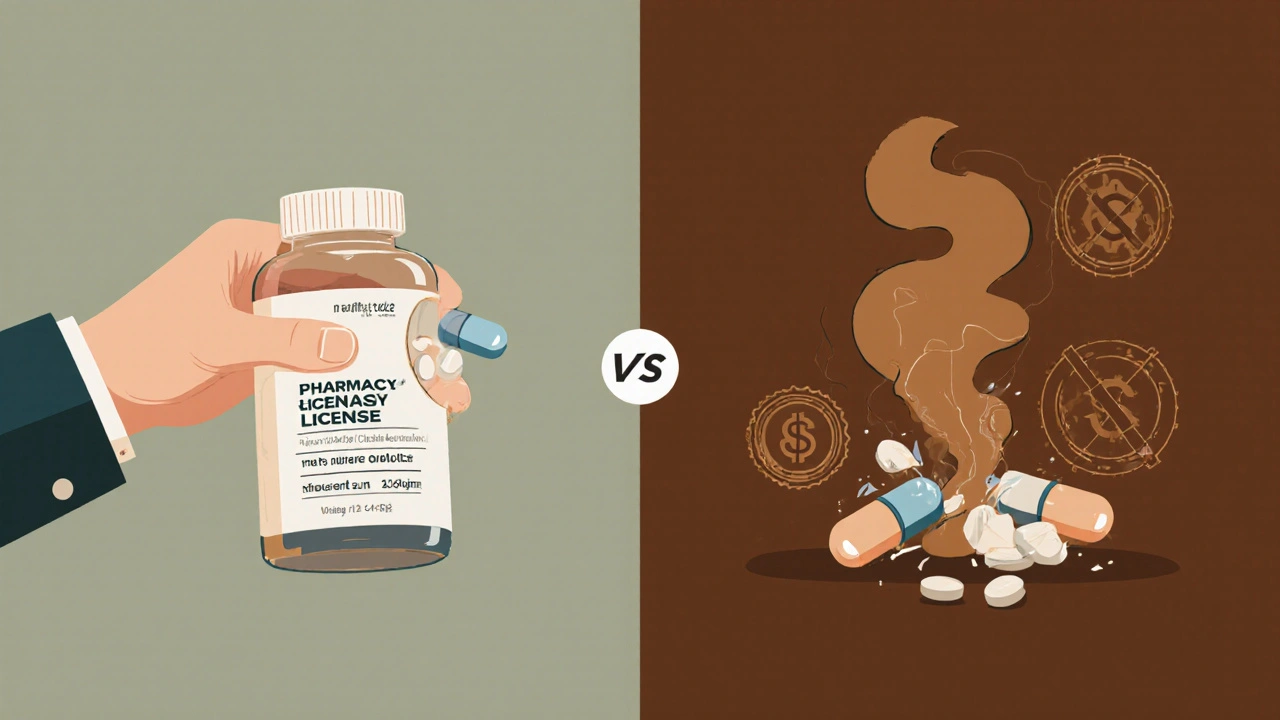 Safe pill from trusted pharmacy versus fake pill dissolving into toxic smoke.