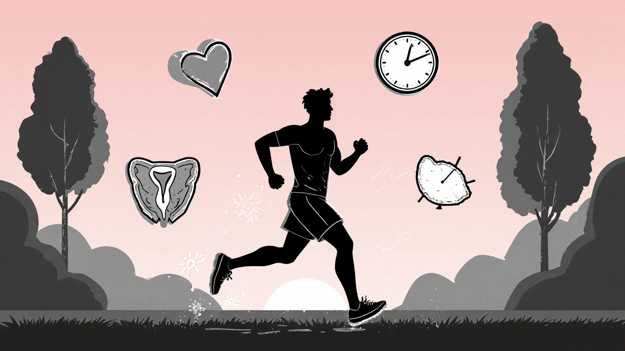 A man jogging at sunrise with icons symbolizing lifestyle improvements for sexual health.