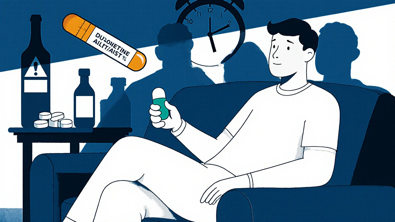 A patient with warning symbols looming behind them, highlighting risks of duloxetine and liver stress.