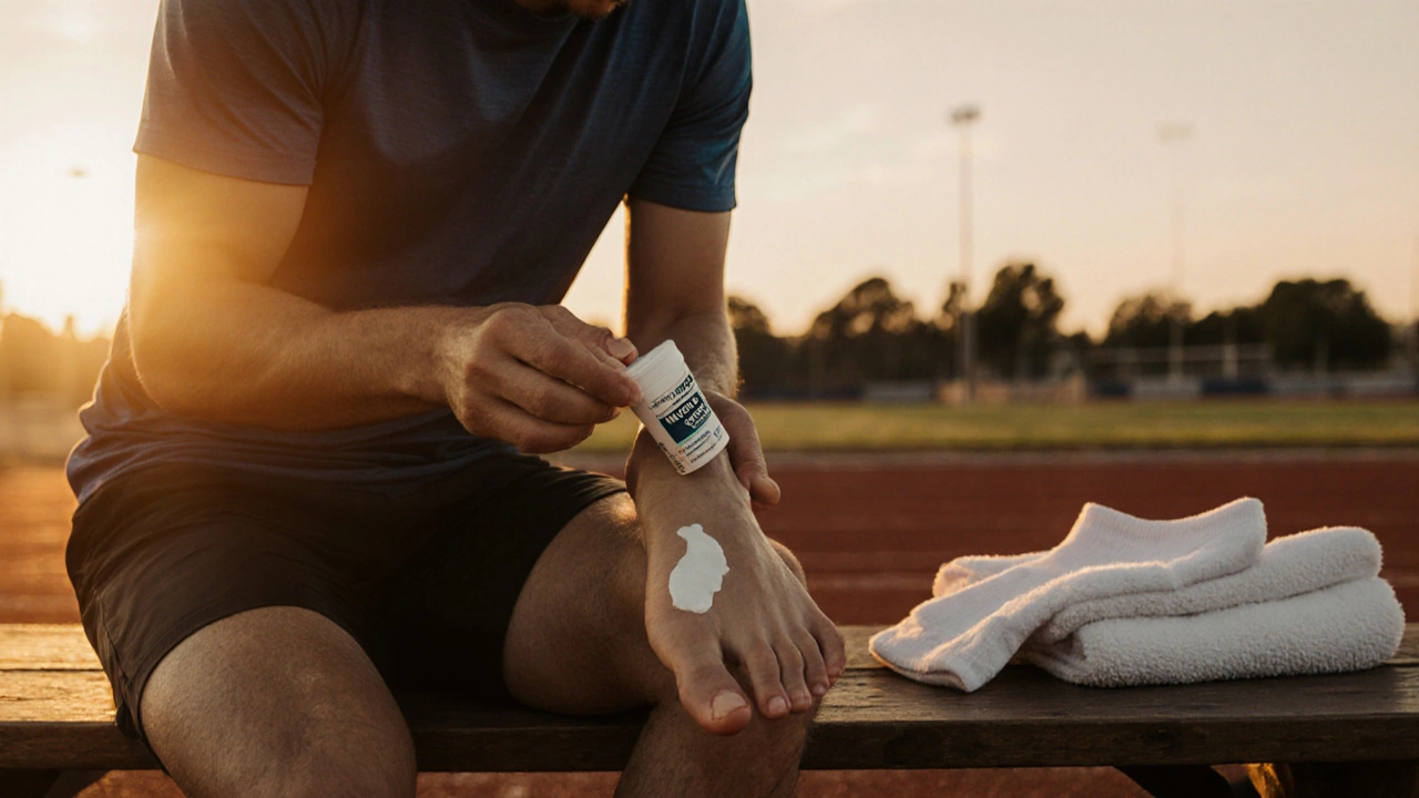 Athlete applying Mentax cream to a foot on a bench at sunrise.