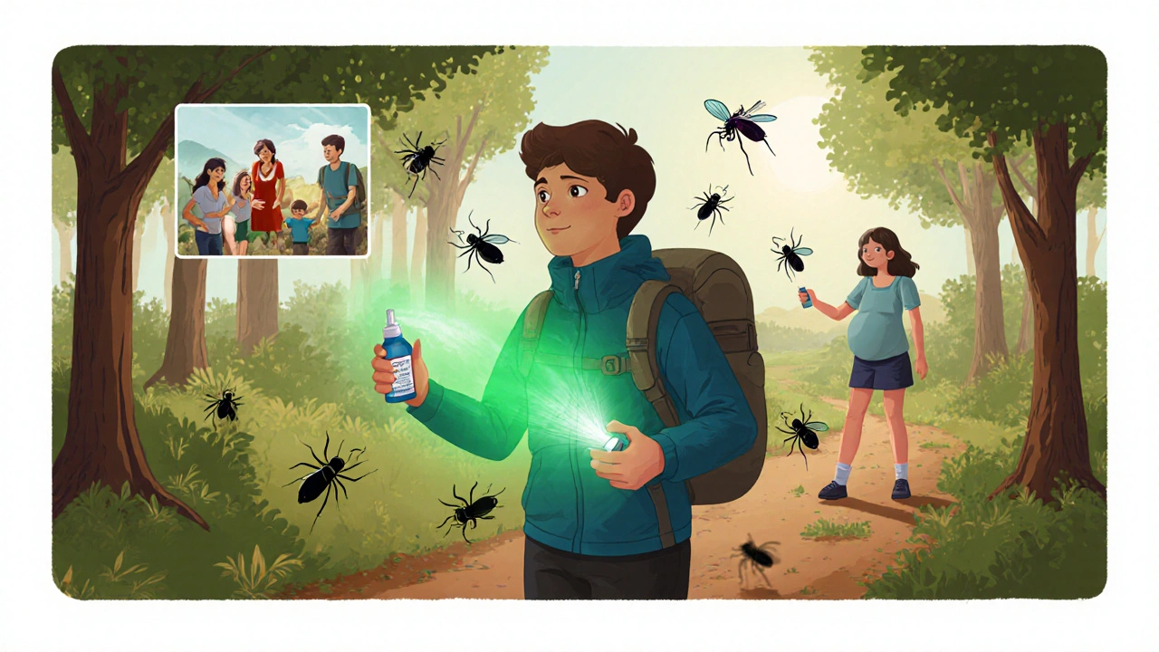 Backpacker wearing permethrin-treated clothing and spraying picaridin, insects fleeing nearby.