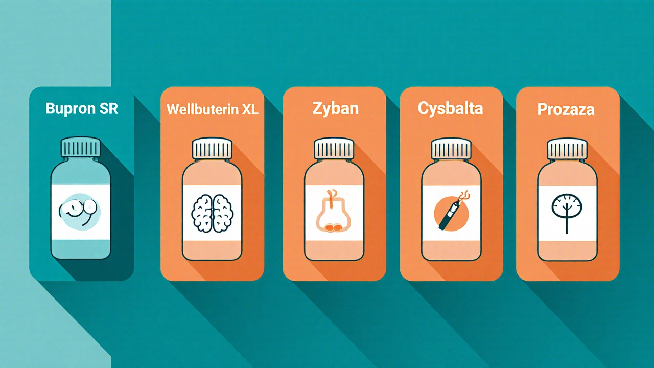 Cartoon comparison chart of five antidepressant pills with icons for use and side effects.