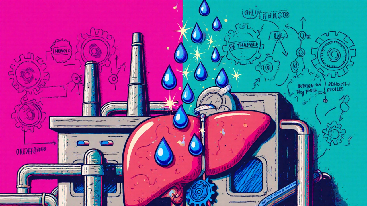Cartoon liver factory with ethanol droplets triggering gears, sparks, and a heme pathway diagram.