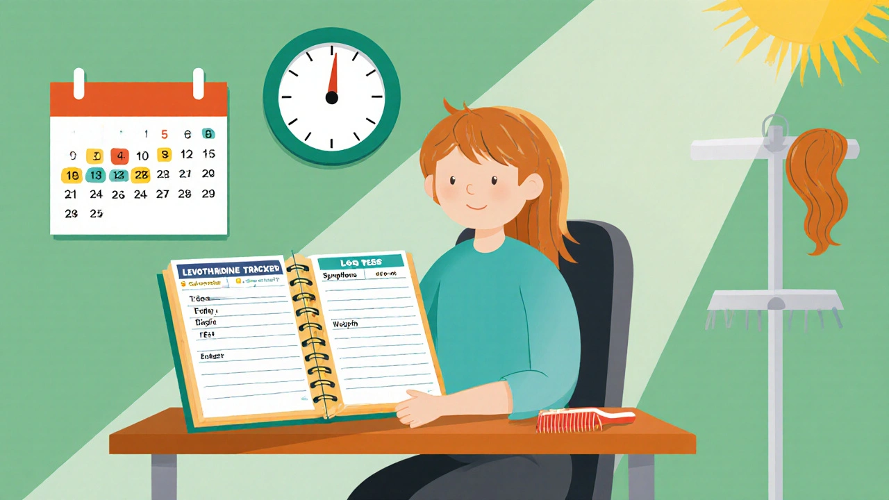 Cartoon patient logging dose and symptoms beside a calendar, scale, and hair brush in a doctor’s office.