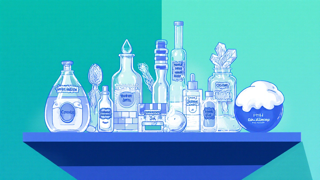Cartoon shelf displays bottles of key moisturizing ingredients for dry skin.