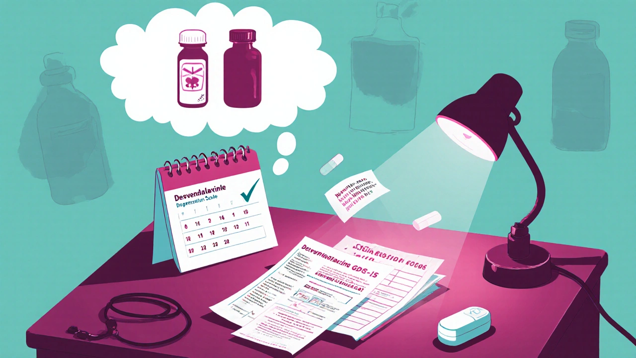 Clinician's desk with medication bottle, calendar, questionnaire, and icons for monitoring and interactions.