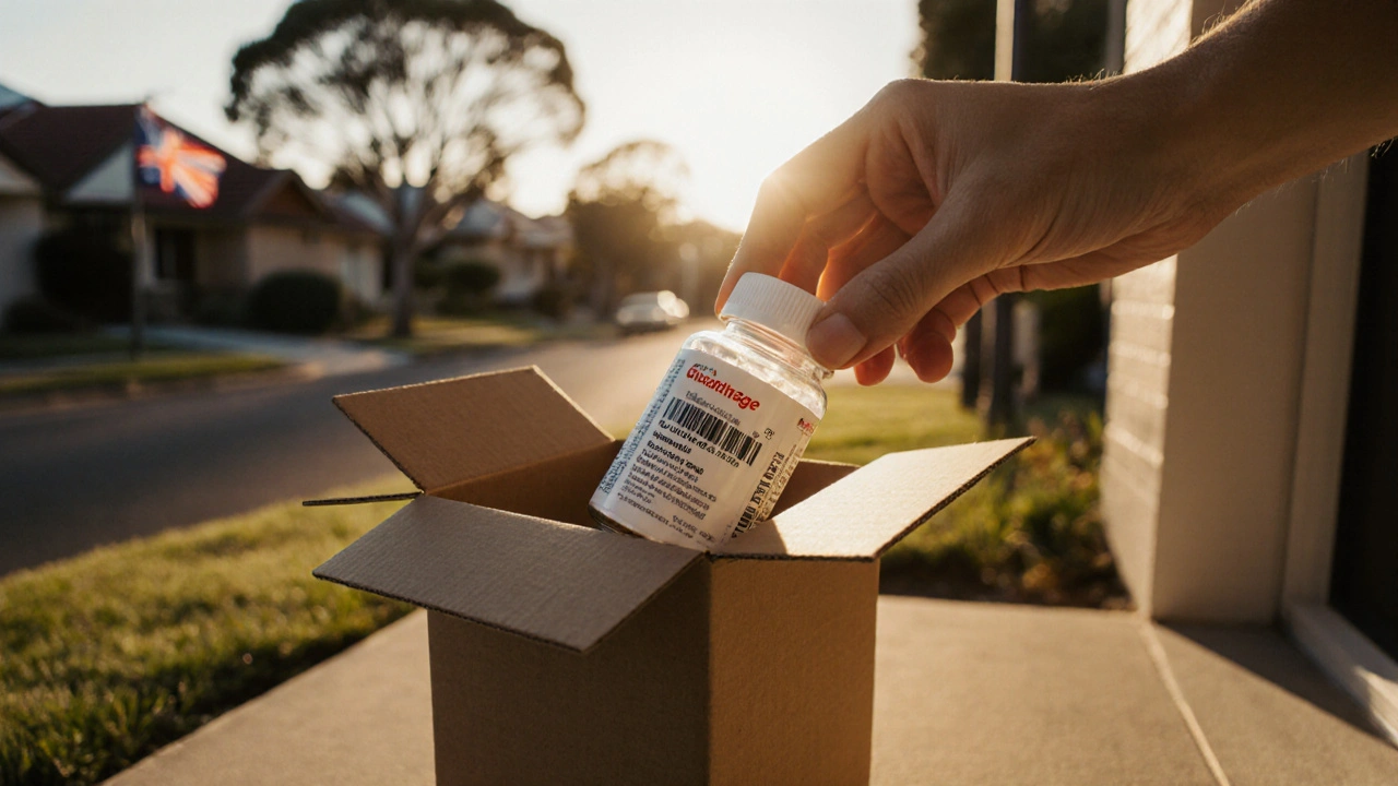 Delivery box on an Australian doorstep, hand inspecting a Glucophage tablet.
