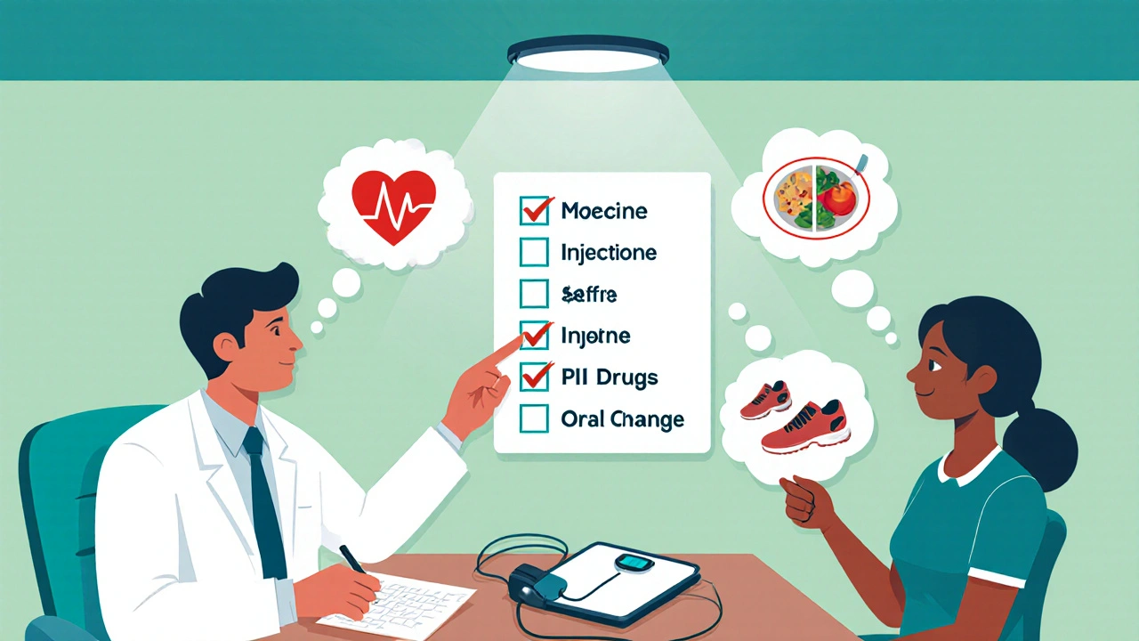 Doctor and patient discuss treatment options, with floating icons for heart health, injections, pills, and cost.