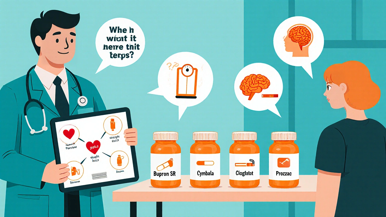 Doctor and patient reviewing a decision matrix with pill bottles for Bupron SR, Cymbalta, and Prozac.