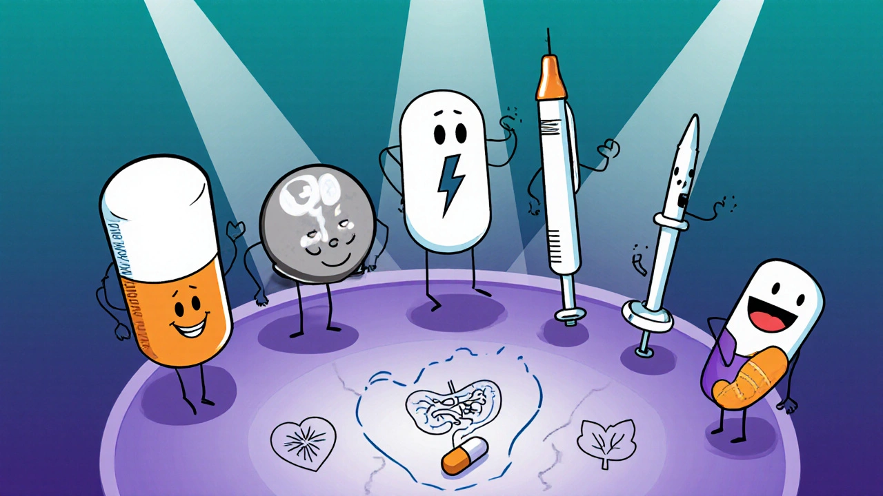Five cartoon characters represent different weight‑loss drugs, each beside an icon of its mechanism.