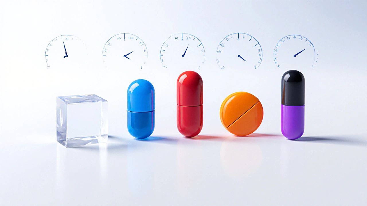 Five ED meds displayed side by side: jelly cube, tablet, pill, capsule, each with distinct colors.