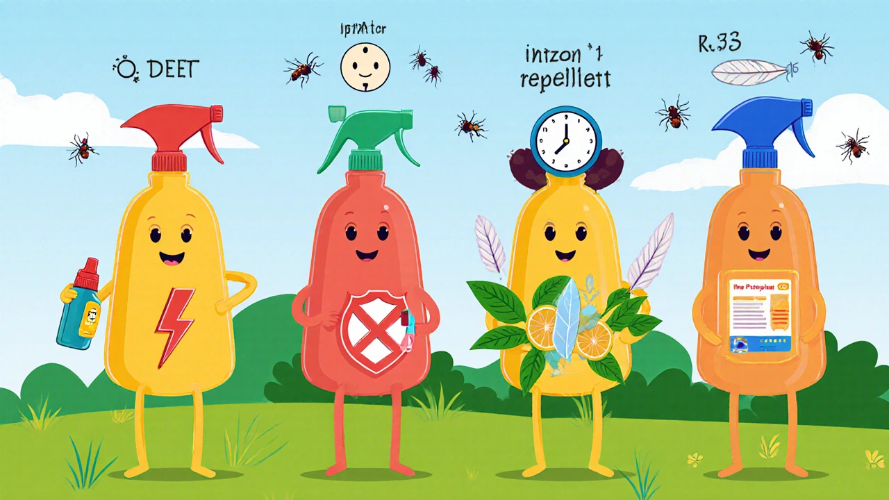 Four cartoon mascots each holding a different repellent bottle with visual symbols for effectiveness.