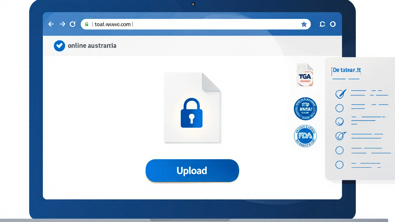 Laptop screen showing a secure pharmacy website with padlock and prescription upload icons.