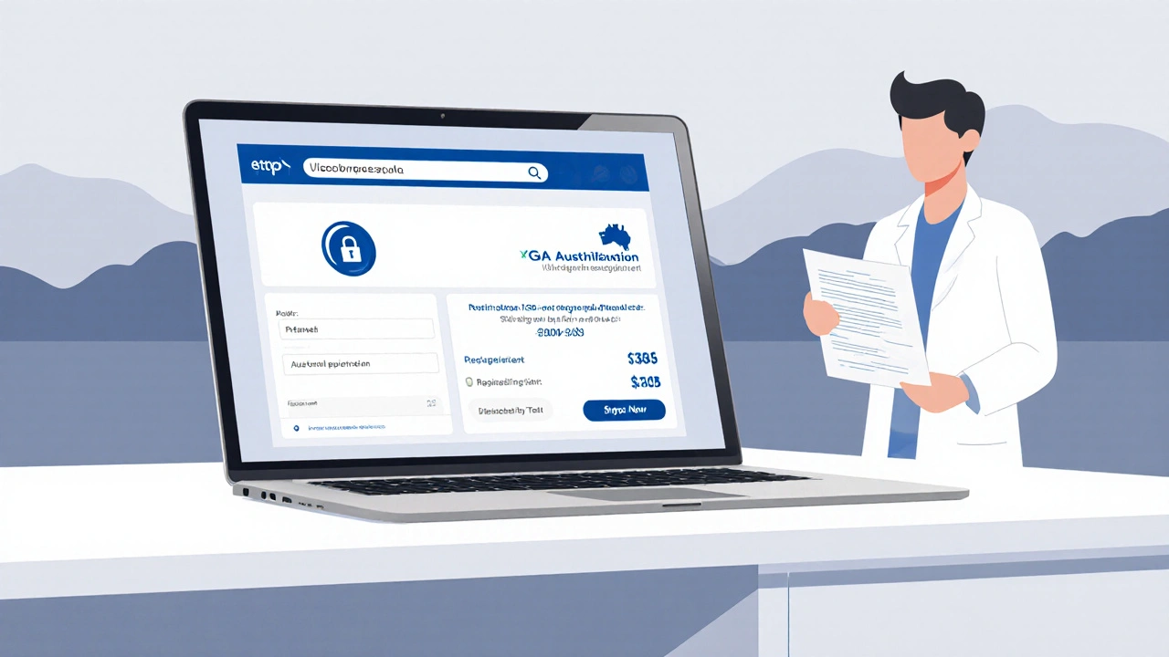 Laptop showing secure pharmacy checkout, pharmacist, and TGA verification cues.