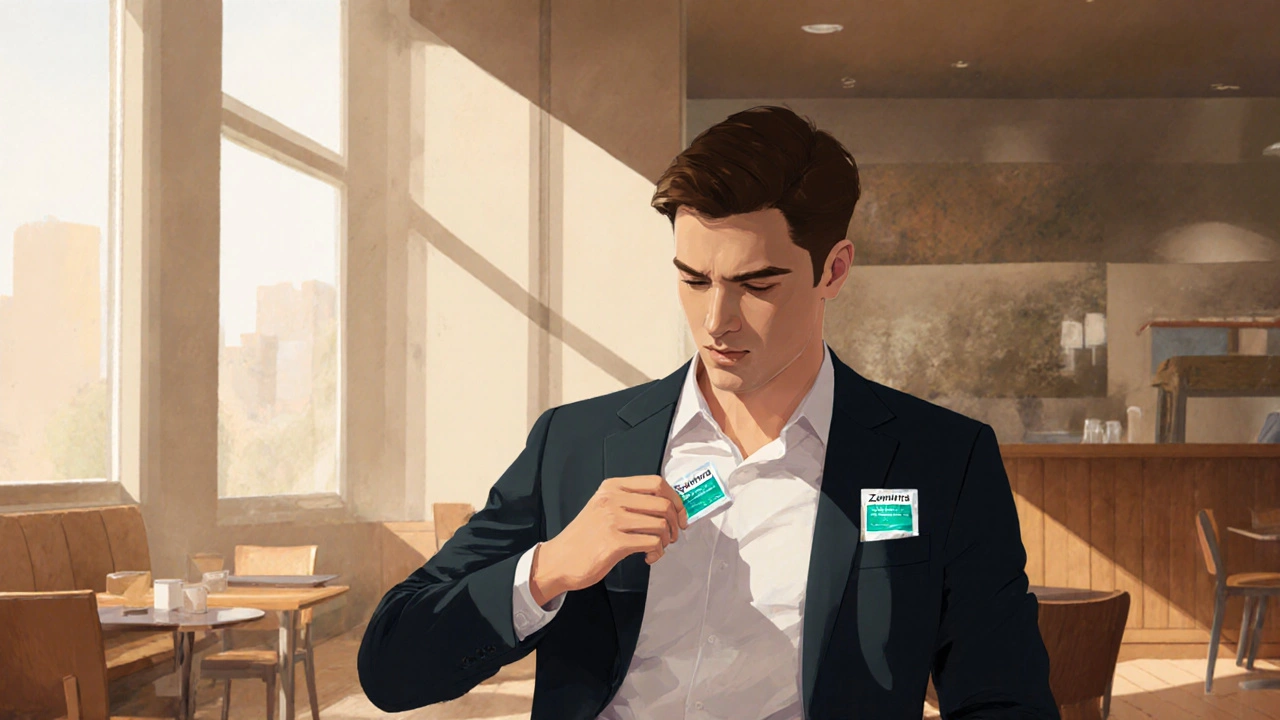 Man discreetly placing a Zhewitra sachet into his jacket pocket in a bright café.