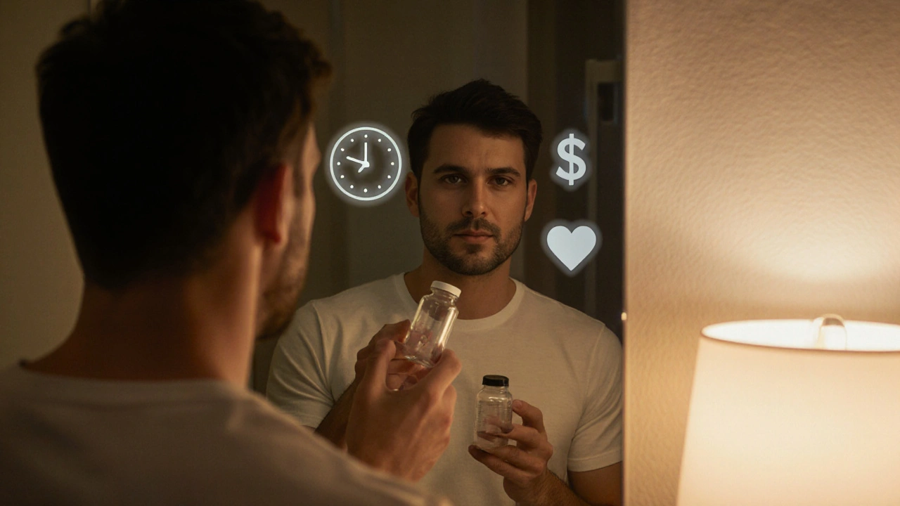 Man in bathroom mirror holding a pill bottle with faint clock, heart monitor, and dollar symbols.