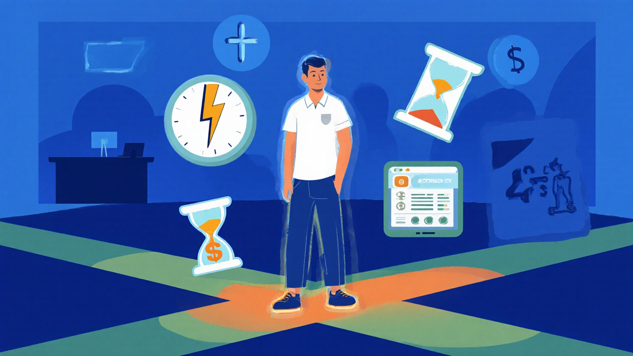 Man surrounded by icons for onset speed, duration, cost, and safety.