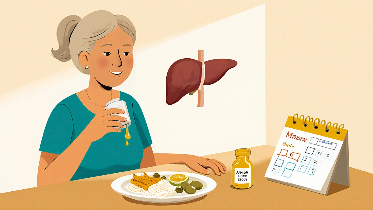 Maria takes supplements at kitchen table, showing health improvements.