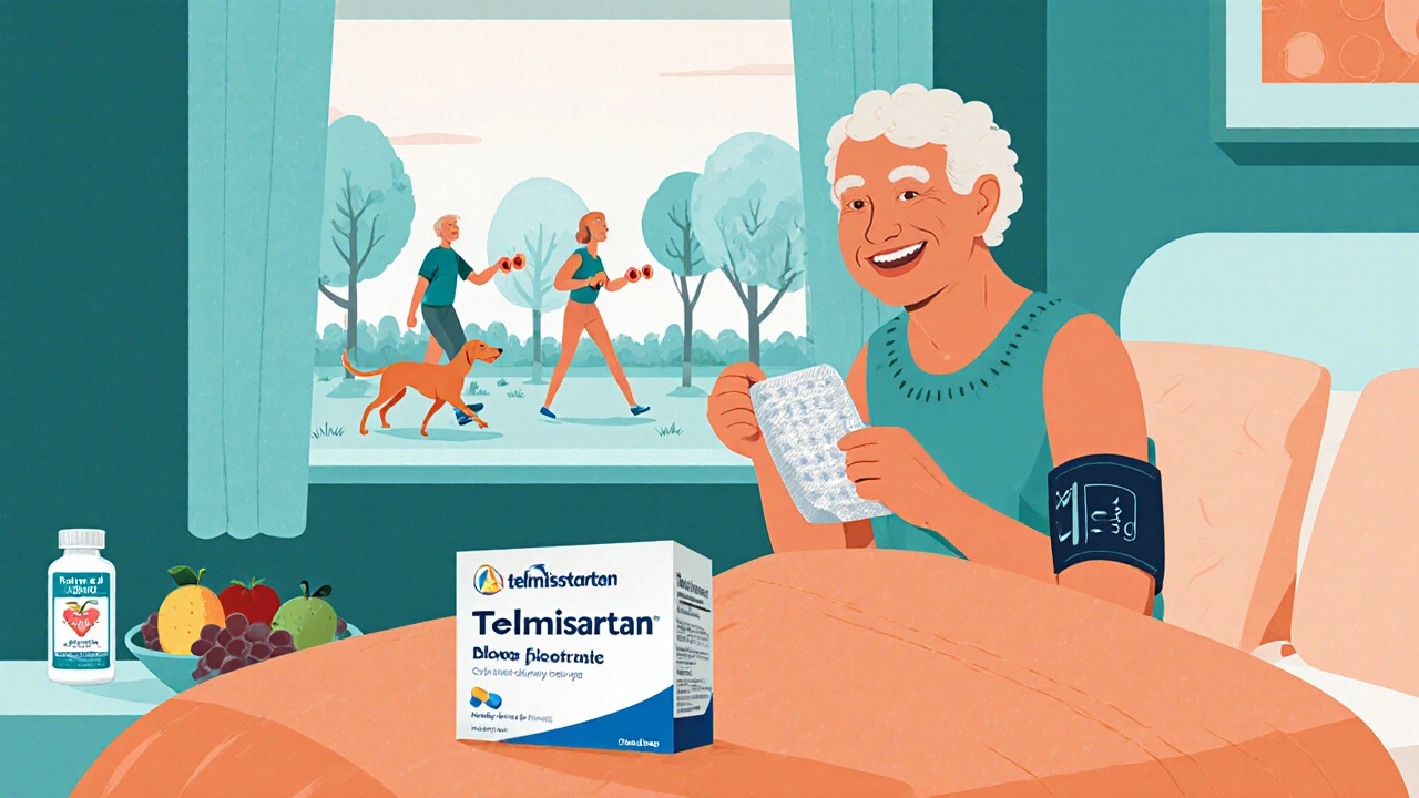 Older adult checks blood pressure, takes Telmisartan, and exercises outdoors.