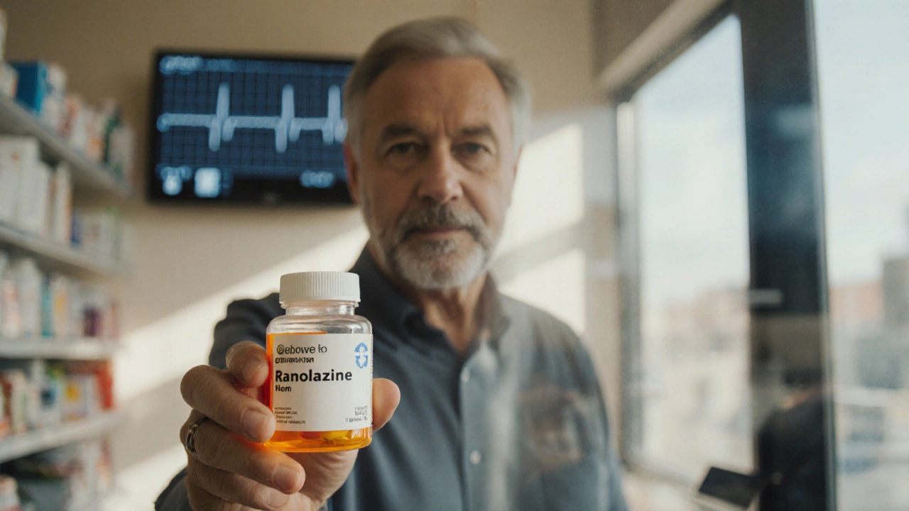 Patient in pharmacy picking up Ranolazine beside an ECG monitor with normal QT.