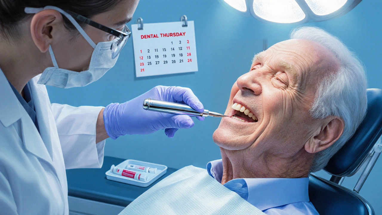 Senior man in dental chair being cleaned by a dentist, calendar visible.