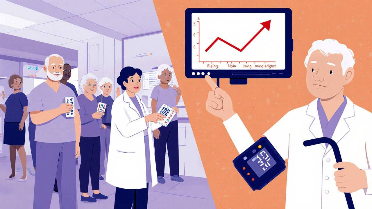 Seniors in a trial holding pills, researcher pointing to mood scores, and blood pressure check illustration.