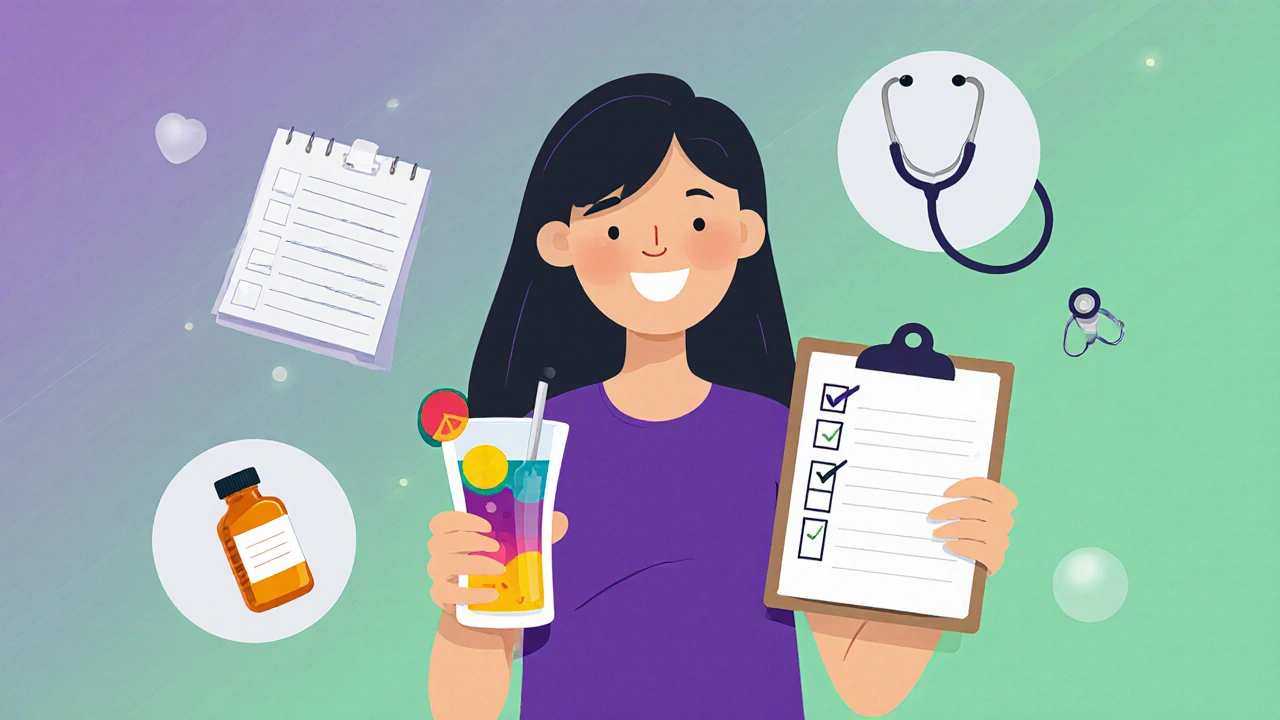 Smiling individual with mocktail, checklist, diary, vitamins, and stethoscope indicating a safety plan.