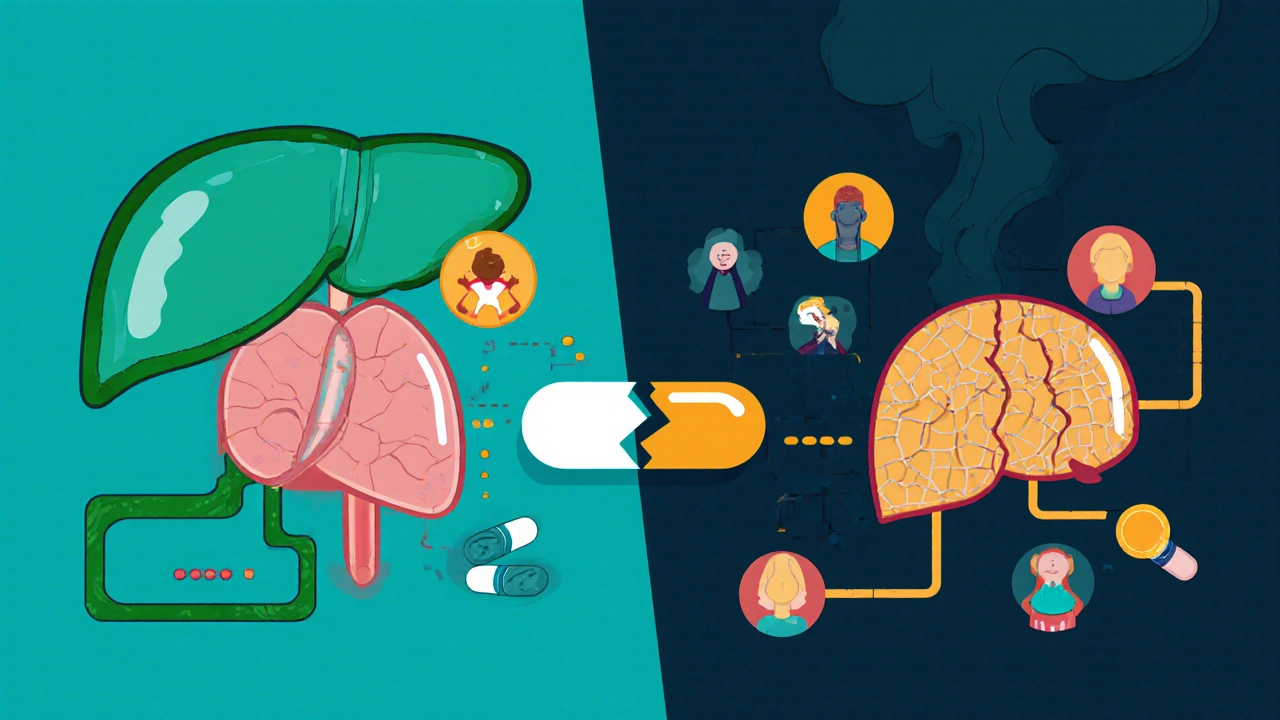 Split illustration comparing healthy vs. stressed liver under duloxetine metabolism.