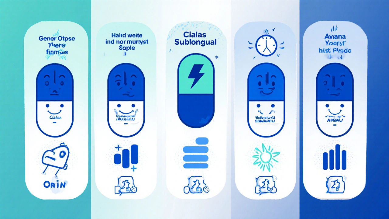 Split‑screen cartoon comparing five ED pills with onset clocks and duration bars.