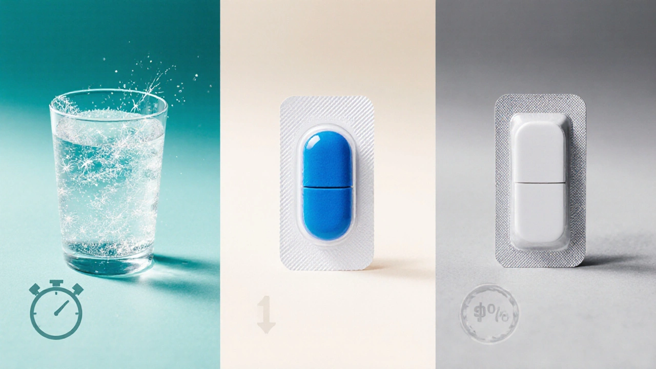 Split view: fizzy Kamagra drink, Viagra tablet, and generic sildenafil pill.