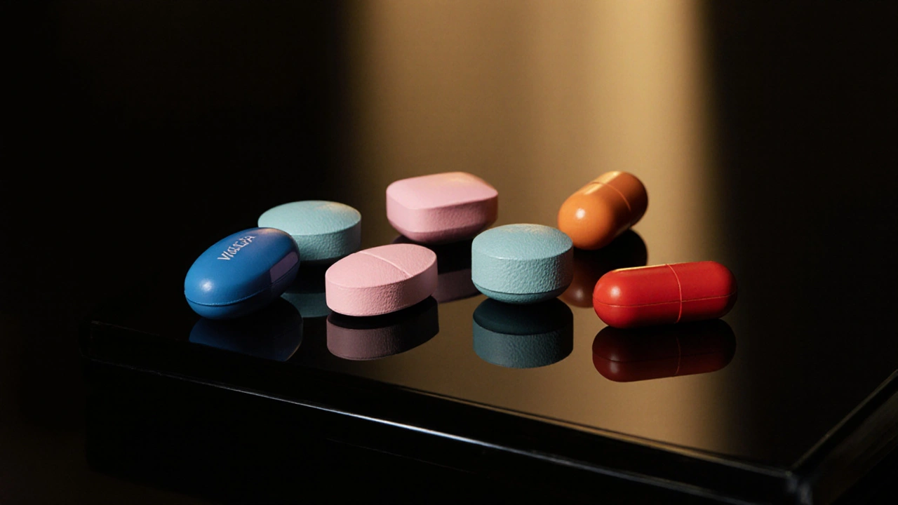 Still-life of various colored ED pills arranged on a black glass surface.