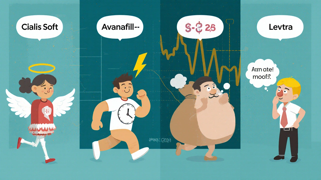Stylized comparison of four ED medications as characters with unique traits and symbols