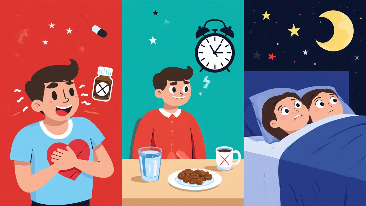 Three cartoon panels showing heart palpitations, stomach upset, and insomnia from levothyroxine.