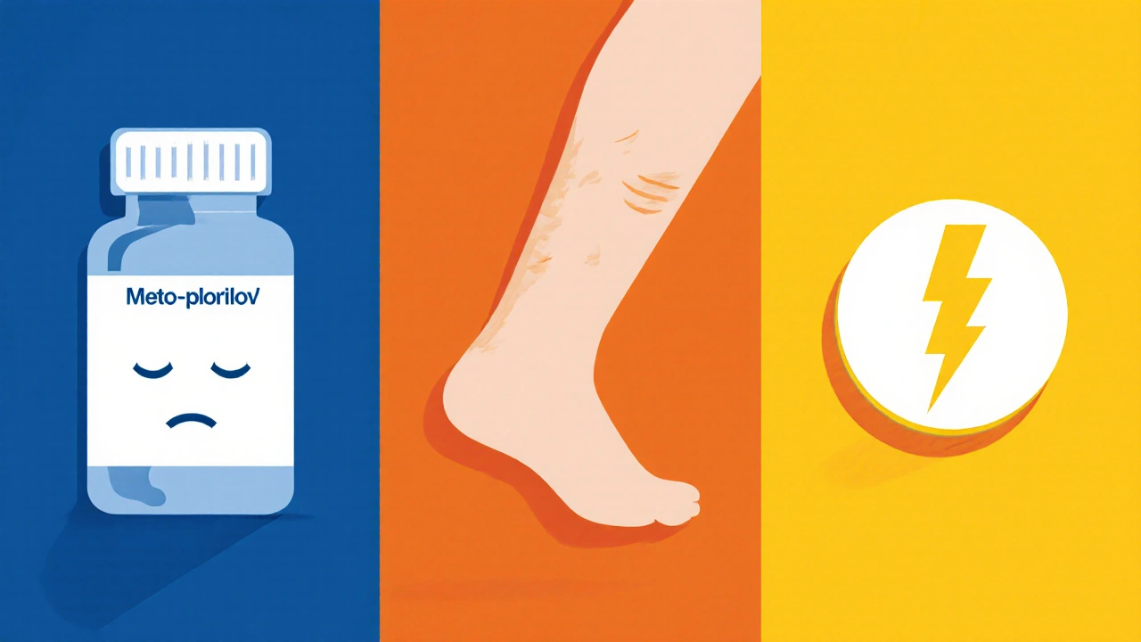 Three panels illustrating side‑effects of beta‑blocker, amlodipine, and nitroglycerin.