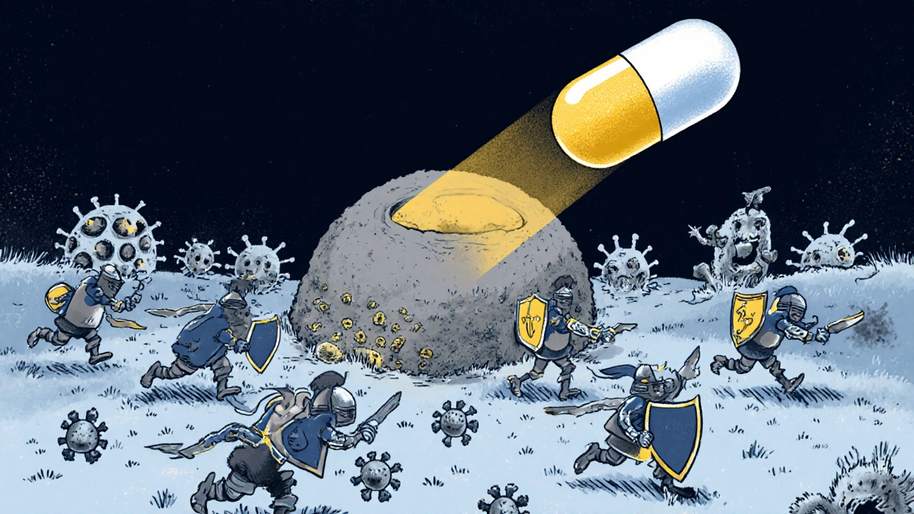 Tumor revealed to immune cells by golden adenosine beams from a pill.