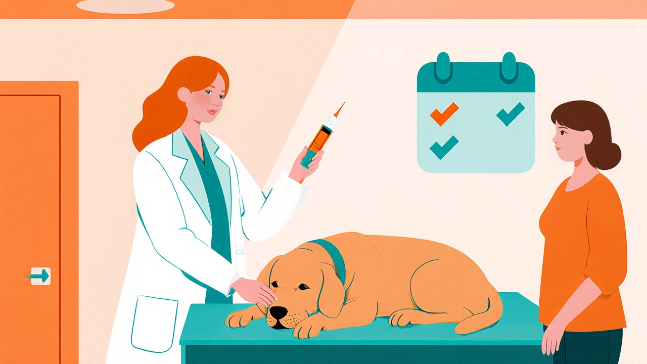 Veterinarian examining a dog with owner nearby, highlighting medication.