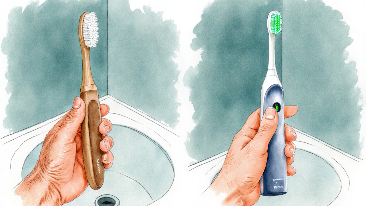 Watercolor of manual and electric toothbrushes held by a senior's hand.