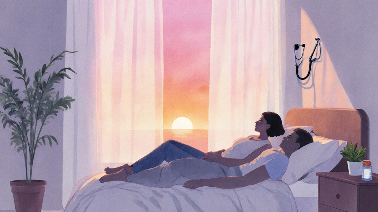 Watercolor scene of a couple on a sunlit floor with a pill bottle nearby.