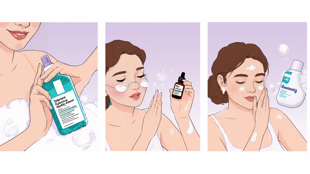 Woman follows a skincare routine applying cleanser, serum, and cream.