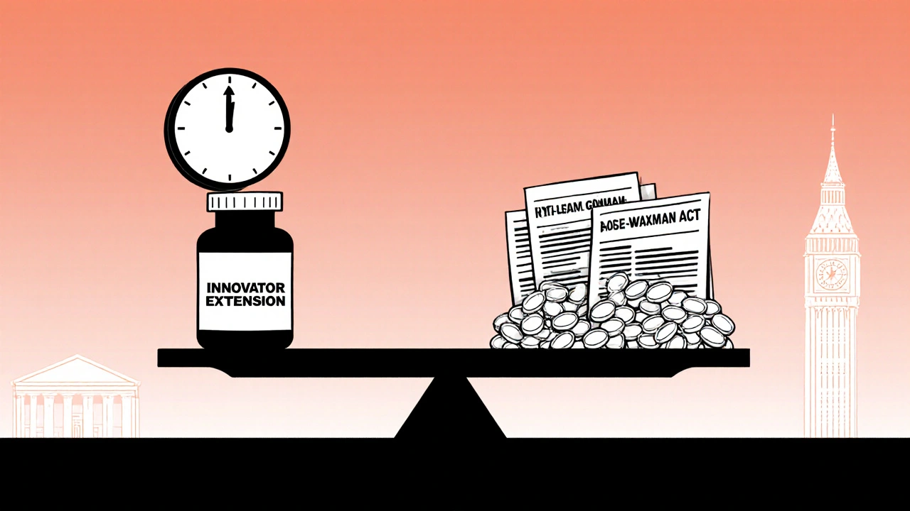 A balance scale with a drug vial and extension clock versus a pile of generic pills and legal documents.