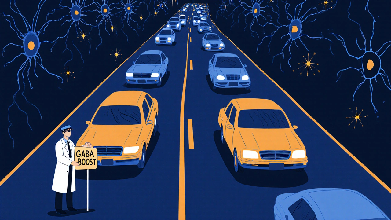 A brain depicted as a city highway with traffic officers slowing down frantic cars.