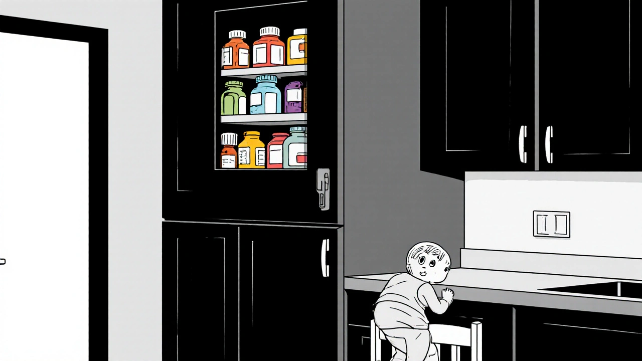 A child standing on a chair looking up at a locked high cabinet where medicine is safely stored.