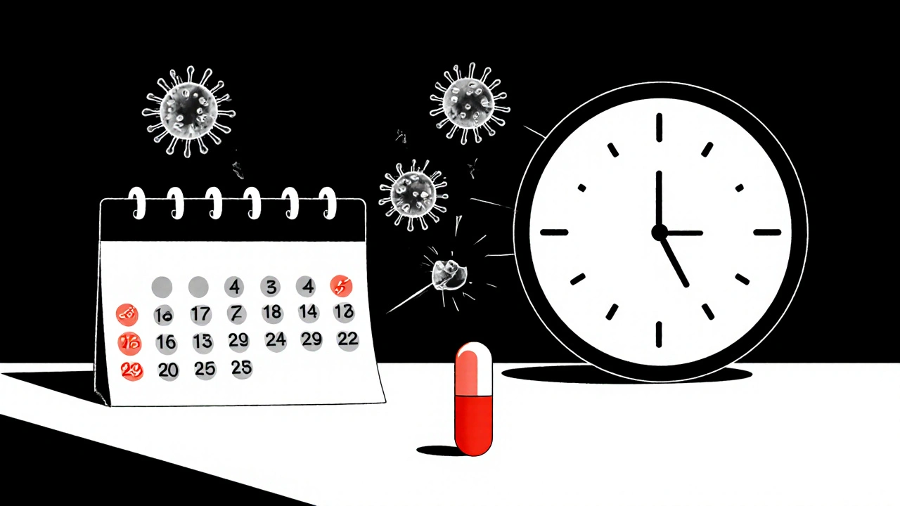A daily pill beside a clock, with crumbling virus particles in the background symbolizing consistent treatment.