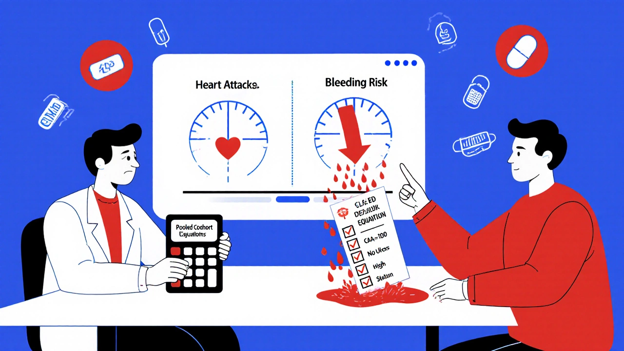 A doctor and patient review risk calculations on a screen, showing bleeding risk outweighing heart benefits.