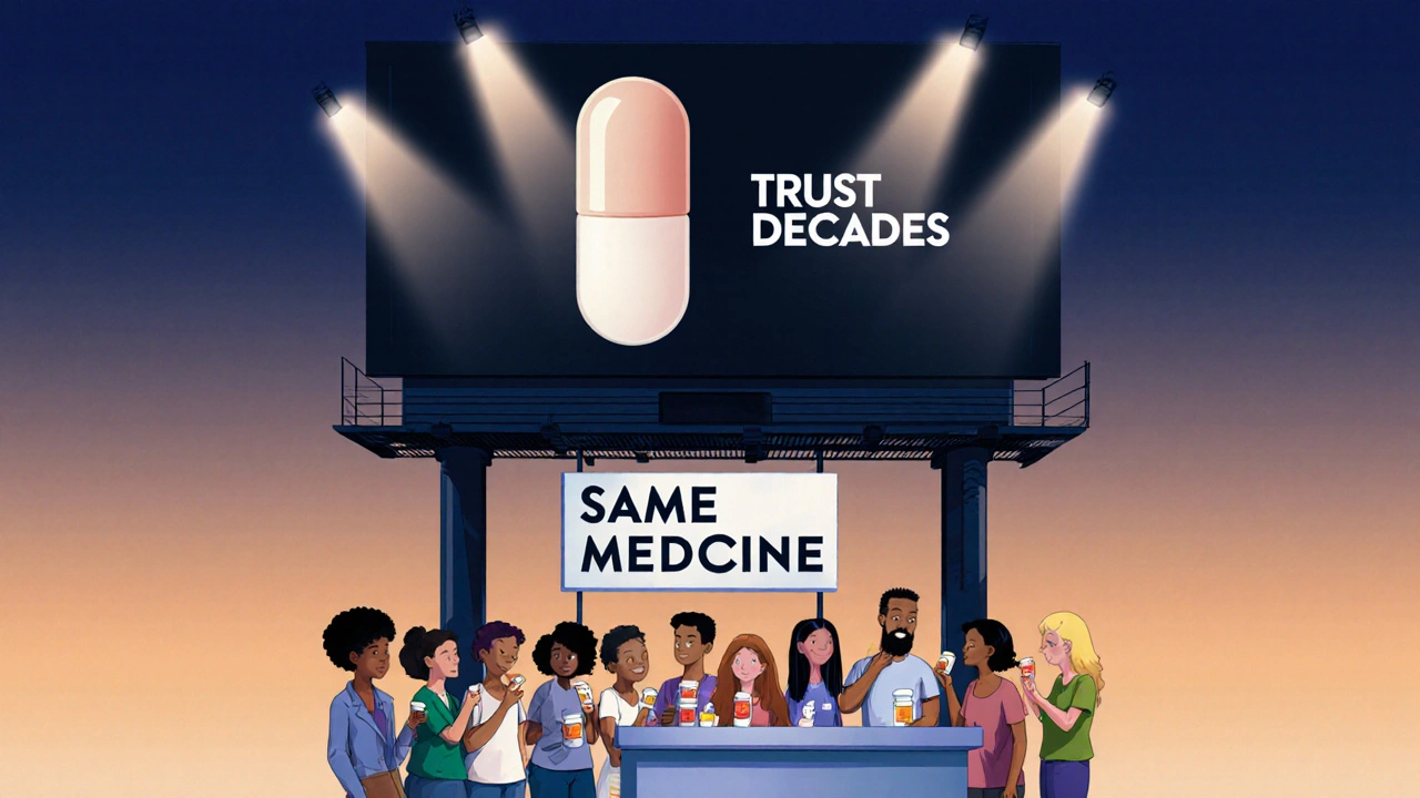 A glowing brand-name pill billboard towers over people calmly taking generic pills at a pharmacy.