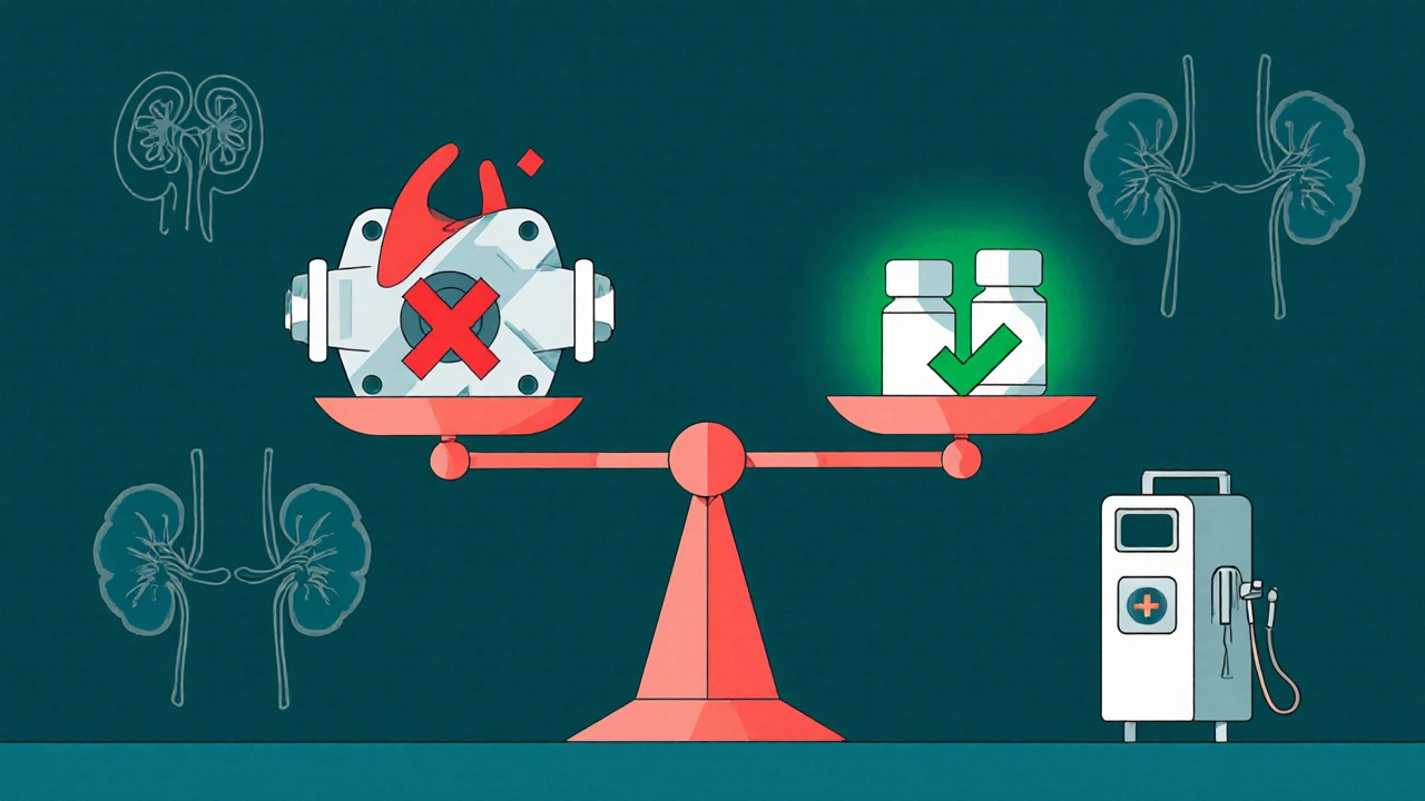 A medical scale balancing a heart valve against DOAC pills, with red X and green checkmark, in duotone illustration.