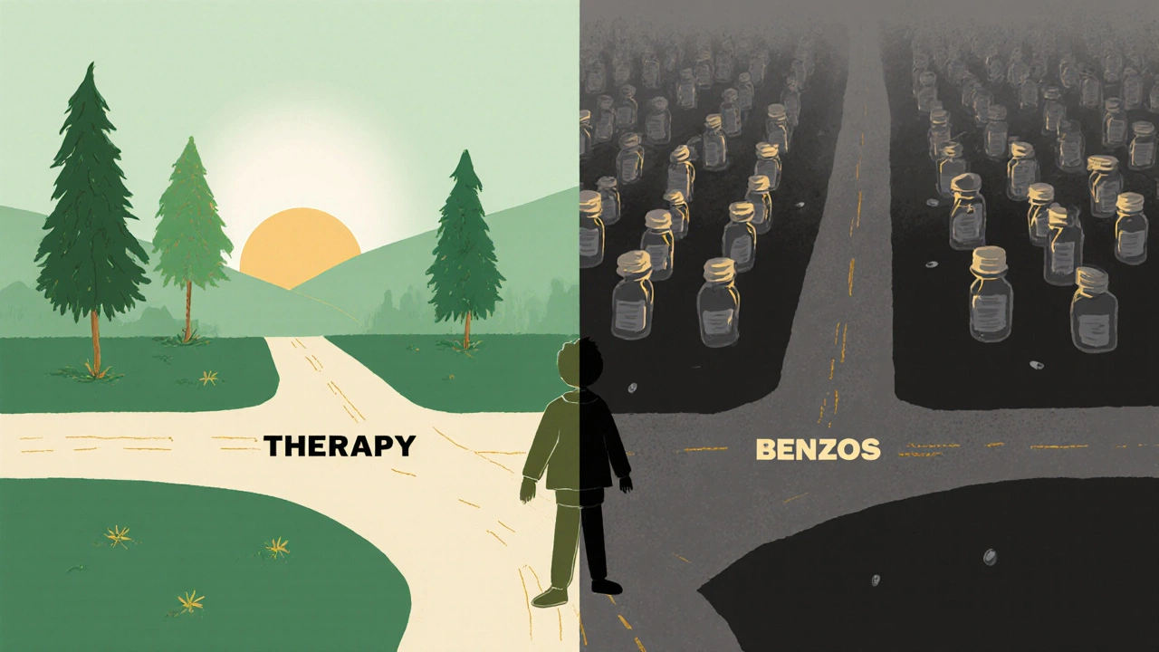 A person at a crossroads choosing between therapy and benzodiazepine dependency paths.