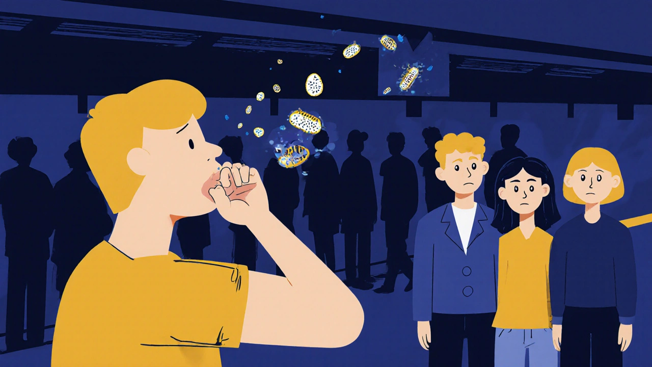 A person coughing in a subway, with TB bacteria spreading through airborne droplets toward others.