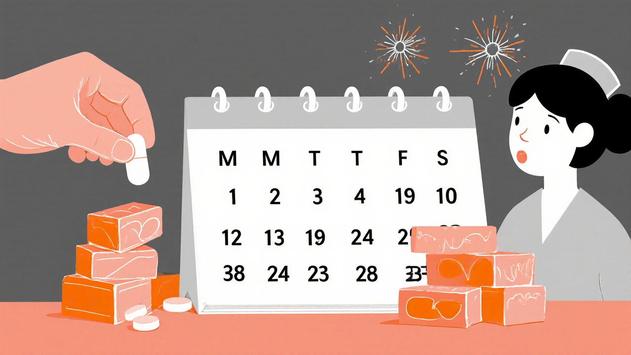 A person taking TB medication under nurse supervision, with pills stacked like bricks and side effects subtly illustrated.